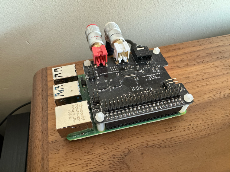 A photo of the Raspberry Pi 4 with the HifiBerry DAC2 Pro hat